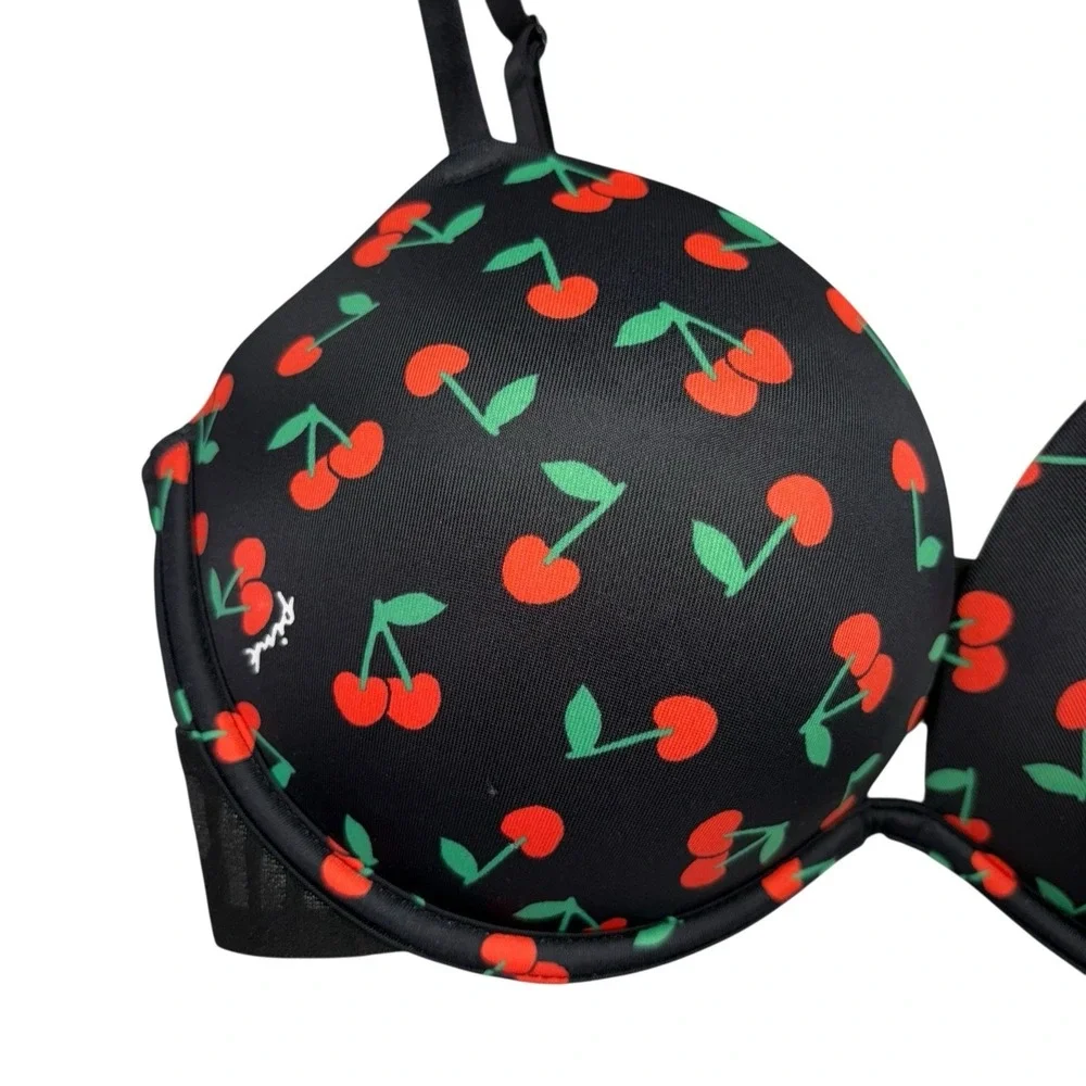 Victoria Secret PINK Women's Bra 32D Black Red Cherry Super Push Up Padded
